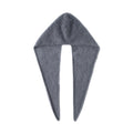 Grey one-piece knitted hooded scarf laid flat on a white background, showing the hood and both long tapered ends.