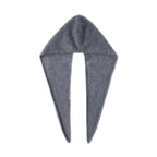 Grey one-piece knitted hooded scarf laid flat on a white background, showing the hood and both long tapered ends.