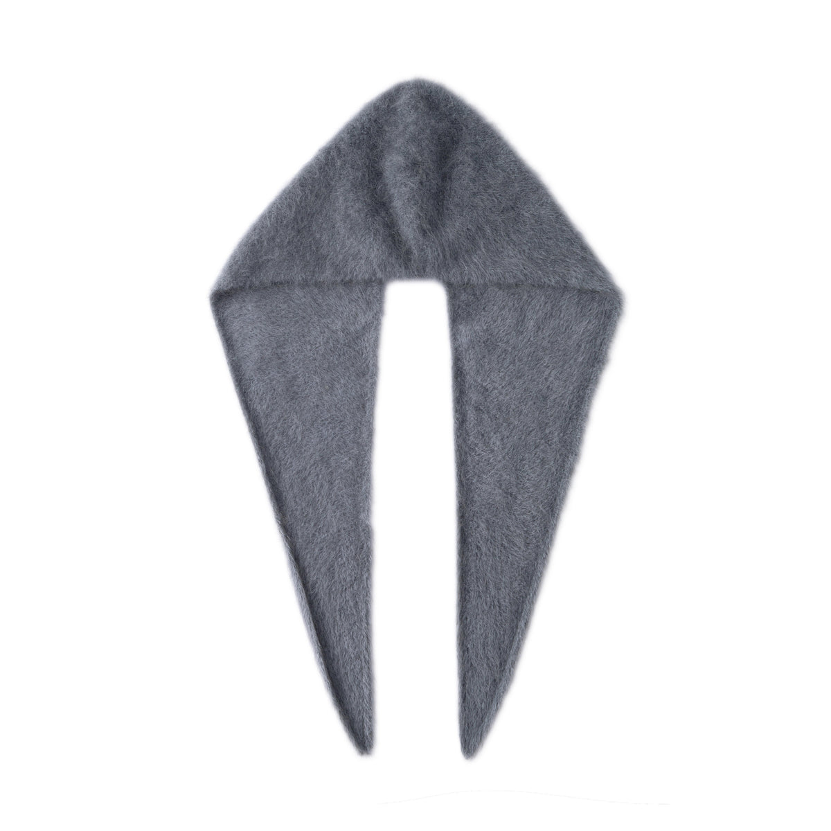 Grey one-piece knitted hooded scarf laid flat on a white background, showing the hood and both long tapered ends.