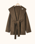W081 coffee-brown silk, lamb wool and alpaca wool wrap coat