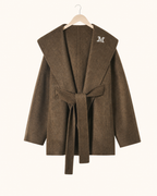 W081 coffee-brown silk, lamb wool and alpaca wool wrap coat
