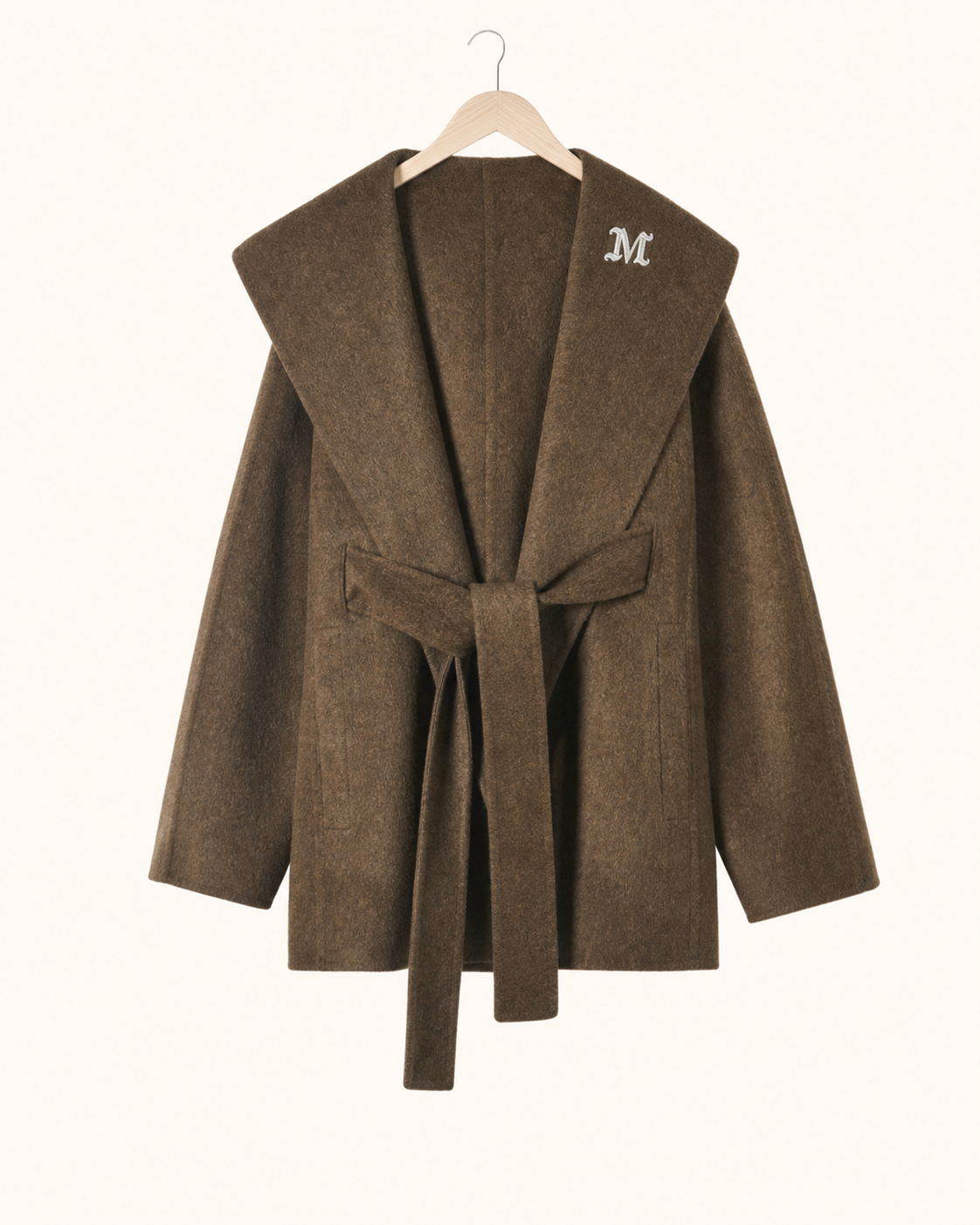 W081 coffee-brown silk, lamb wool and alpaca wool wrap coat
