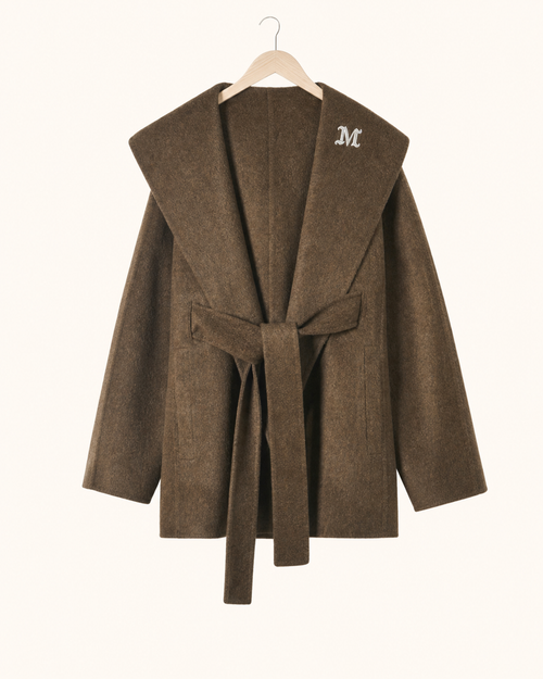 W081 coffee-brown silk, lamb wool and alpaca wool wrap coat