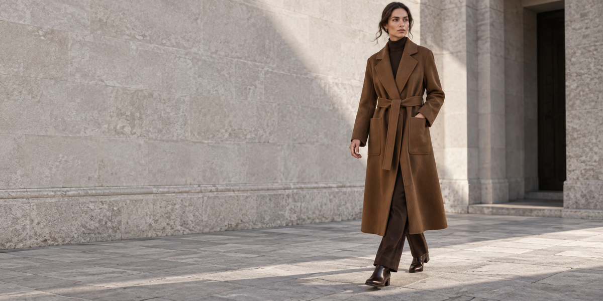 AI winter styling illustration of the Coffee 040 pure wool belted coat, worn with espresso trousers and leather boots in a stone courtyard.