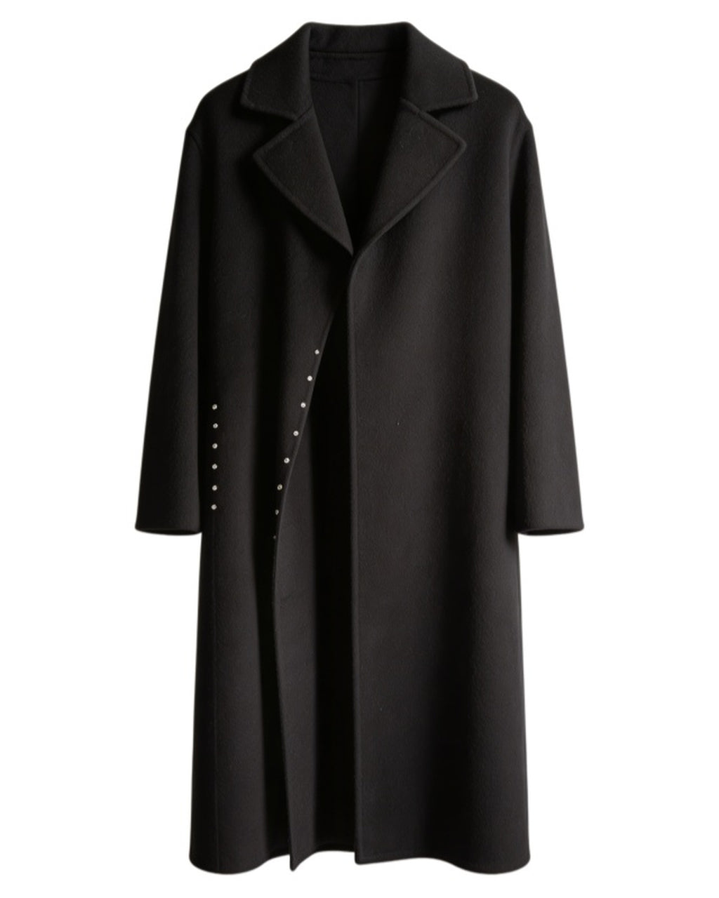 045 Black rabbit hair and wool blend long coat, front view with notched lapels and small front embellishments.
