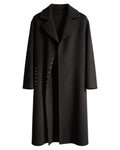 045 Black rabbit hair and wool blend long coat, front view with notched lapels and small front embellishments.
