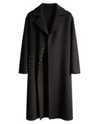 045 Black rabbit hair and wool blend long coat, front view with notched lapels and small front embellishments.