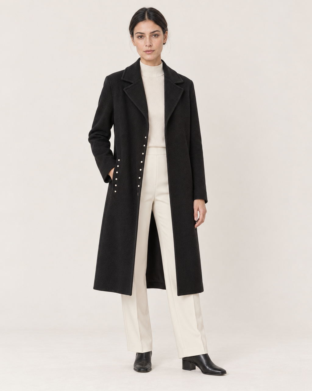 THE LANE 045 Black rabbit-hair and wool coat, full-length styling view, worn open