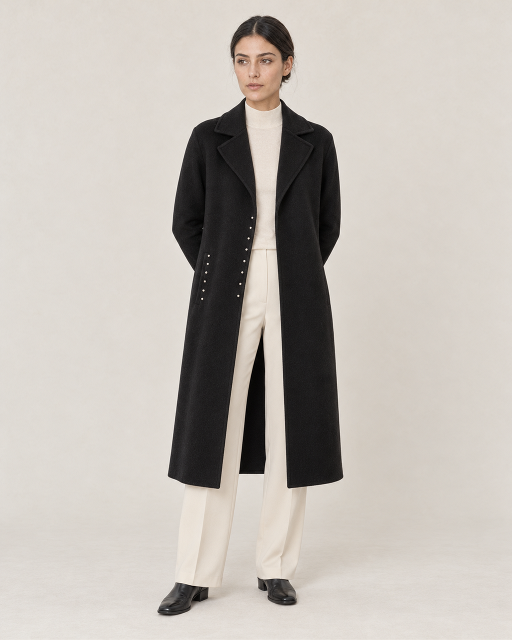 THE LANE 045 Black rabbit-hair and wool coat, front styling view, worn open