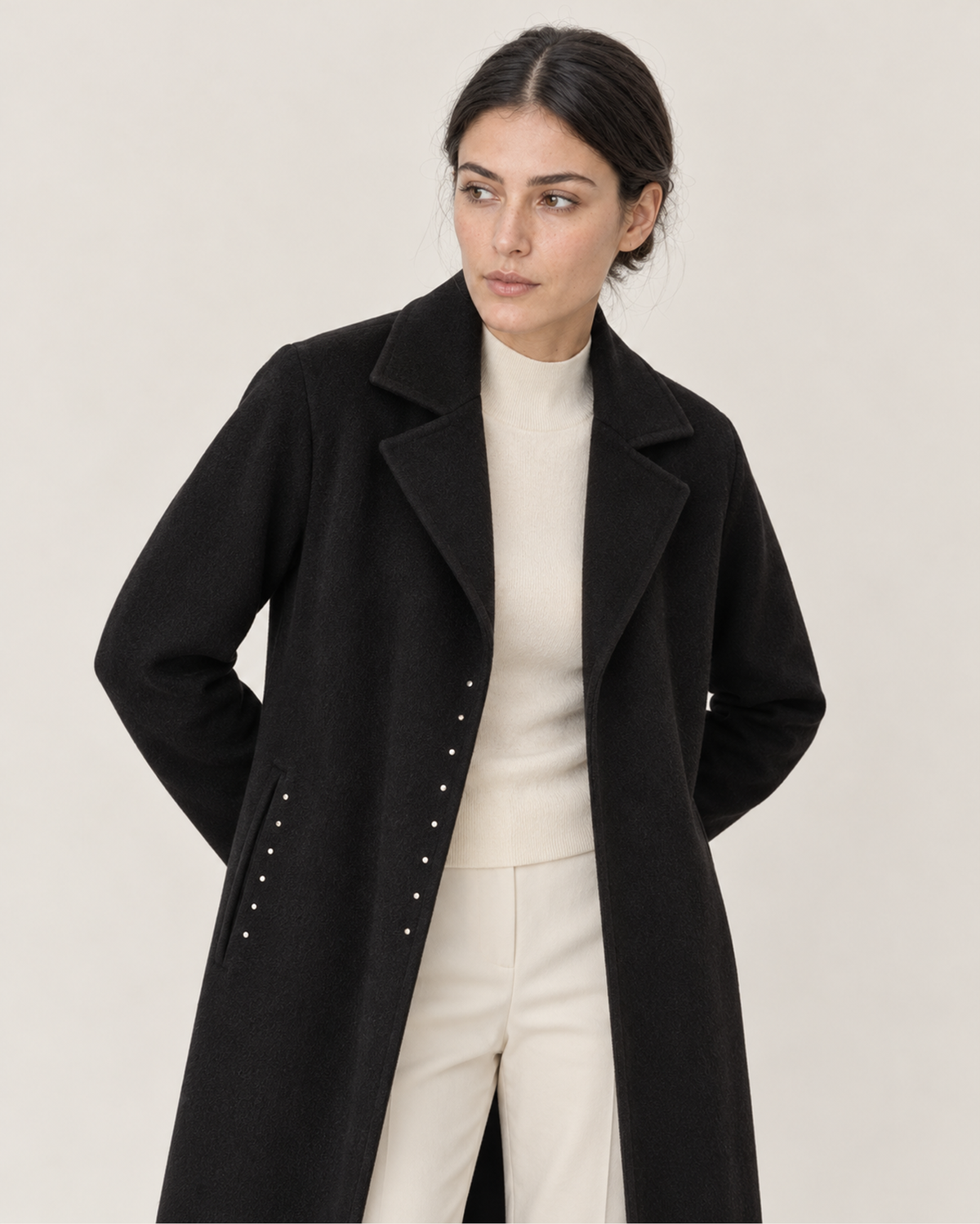 THE LANE 045 Black rabbit-hair and wool coat, upper-body styling view of the notched collar, worn open