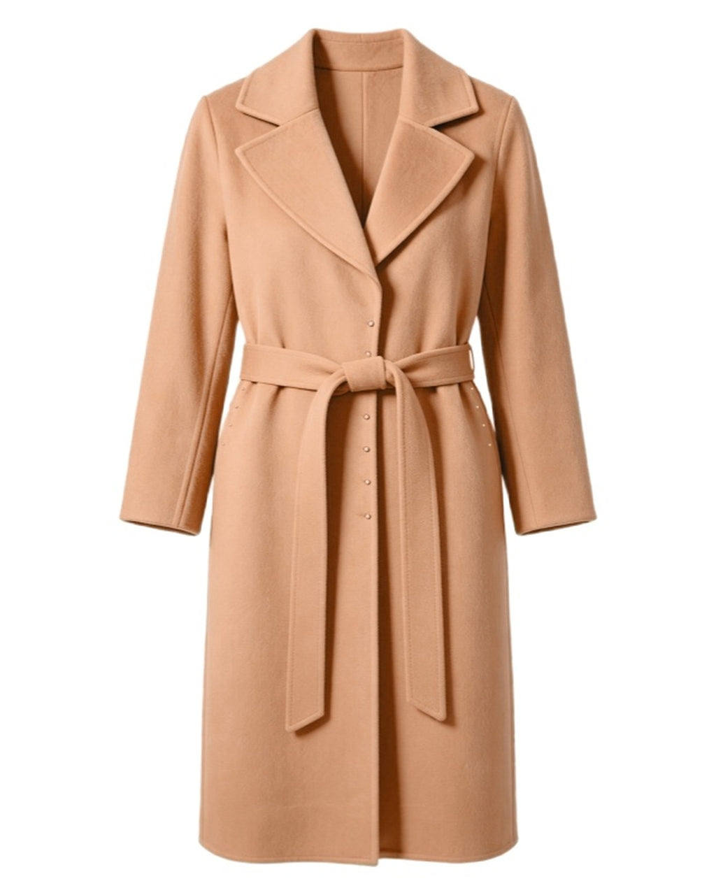 045 Camel rabbit hair and wool blend long coat, front view with notched lapels and small front embellishments.