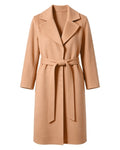 045 Camel rabbit hair and wool blend long coat, front view with notched lapels and small front embellishments.