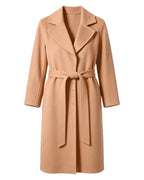 045 Camel rabbit hair and wool blend long coat, front view with notched lapels and small front embellishments.