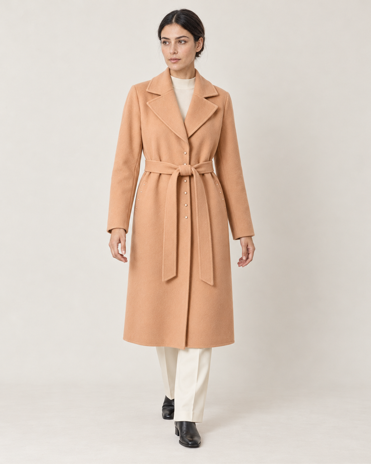 THE LANE 045 Camel rabbit-hair and wool coat, full-length styling view, with matching tie belt