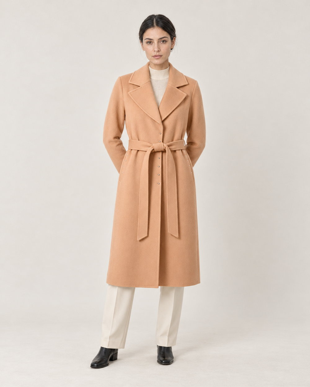 THE LANE 045 Camel rabbit-hair and wool coat, front styling view, with matching tie belt
