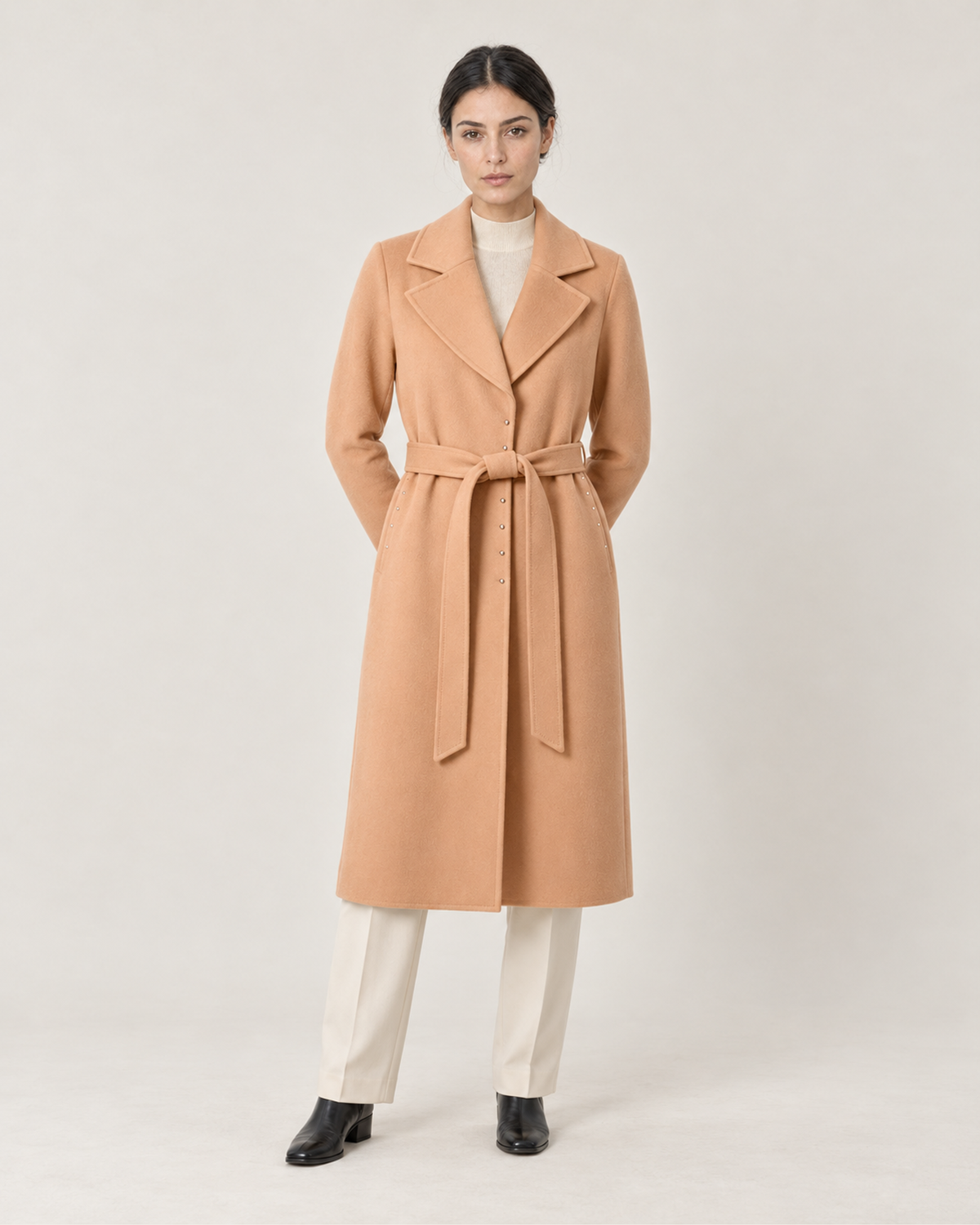 THE LANE 045 Camel rabbit-hair and wool coat, front styling view, with matching tie belt