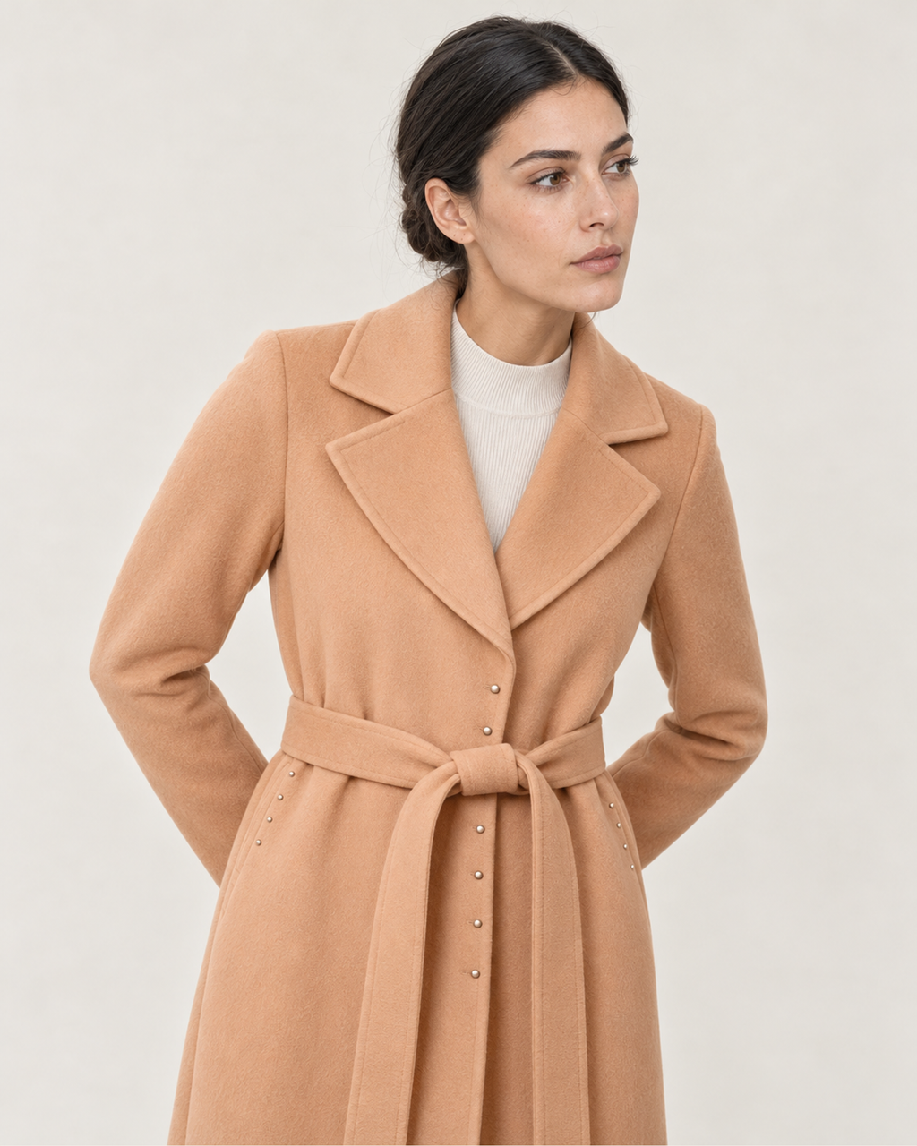 THE LANE 045 Camel rabbit-hair and wool coat, upper-body styling view of the notched collar, with matching tie belt