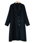 066 Black cashmere and wool blend long coat, front view with curved lapels and a single-breasted button front.