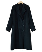 066 Black cashmere and wool blend long coat, front view with curved lapels and a single-breasted button front.