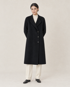 THE LANE 066 Black coat with curved lapels, front styling view, with three visible front buttons