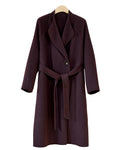 066 Purple cashmere and wool blend long coat, front view with wide curved lapels.