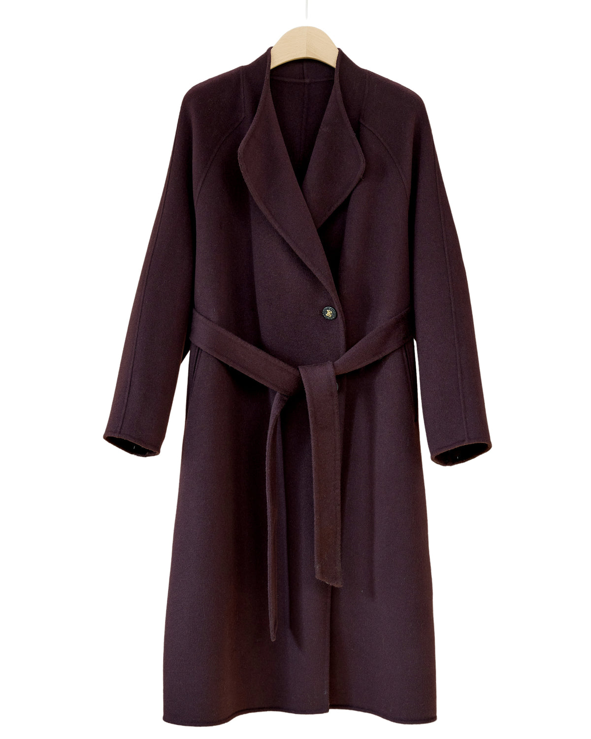 066 Purple cashmere and wool blend long coat, front view with wide curved lapels.