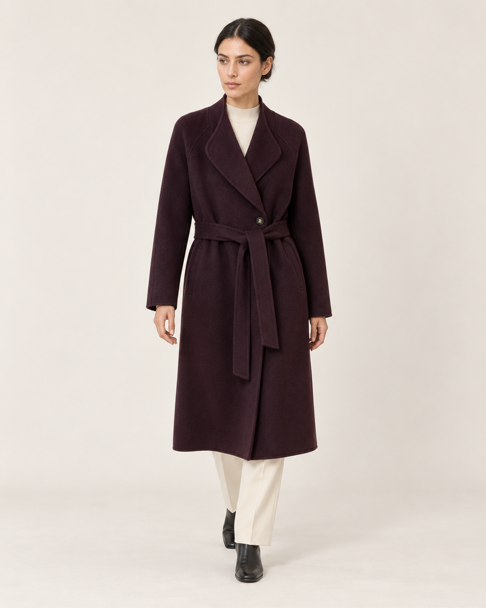 THE LANE 066 Purple coat with curved lapels, full-length styling view, with matching tie belt