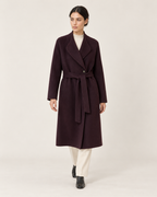 THE LANE 066 Purple coat with curved lapels, full-length styling view, with matching tie belt