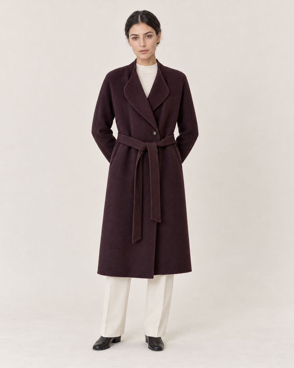 THE LANE 066 Purple coat with curved lapels, front styling view, with matching tie belt