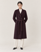 THE LANE 066 Purple coat with curved lapels, front styling view, with matching tie belt