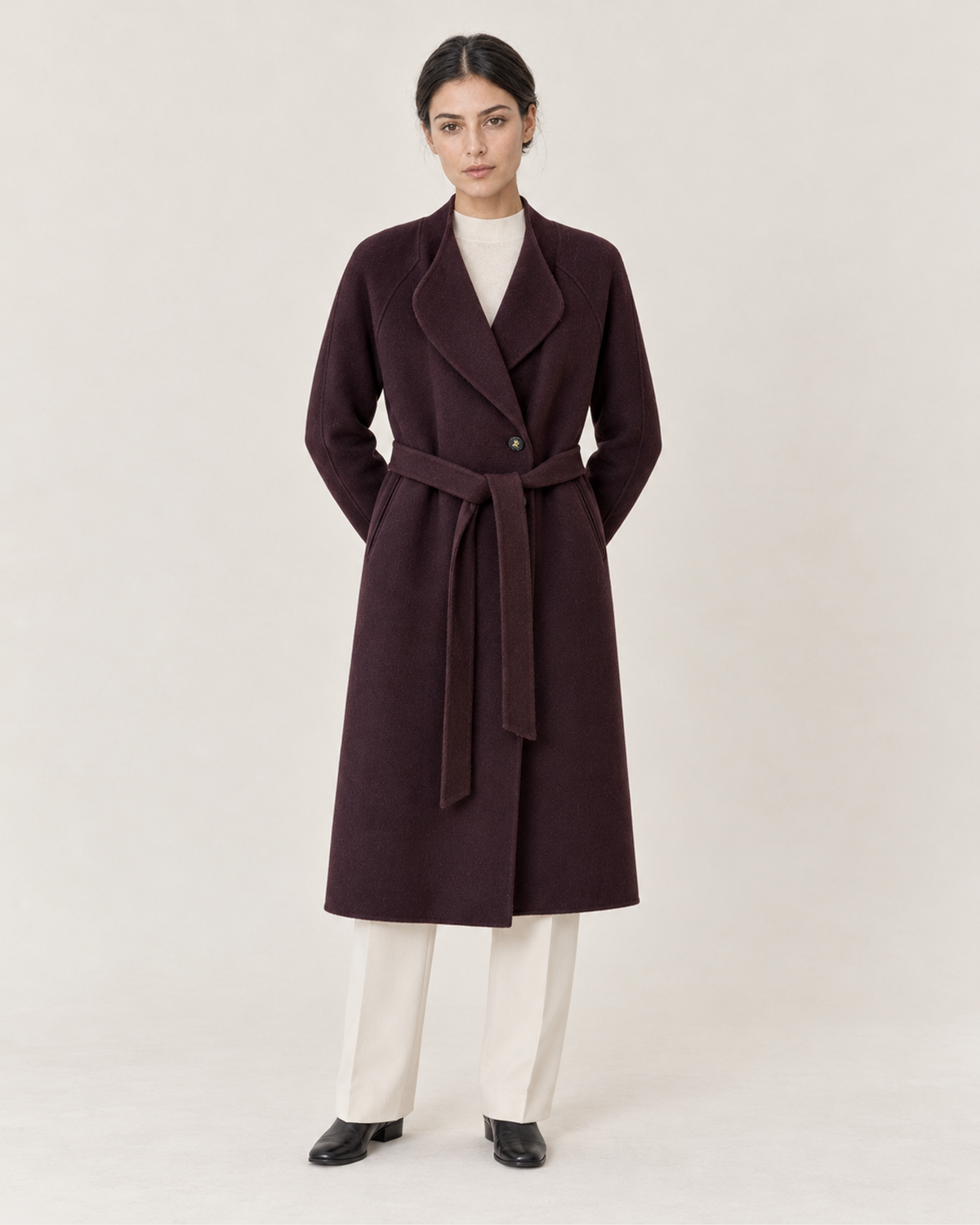 THE LANE 066 Purple coat with curved lapels, front styling view, with matching tie belt