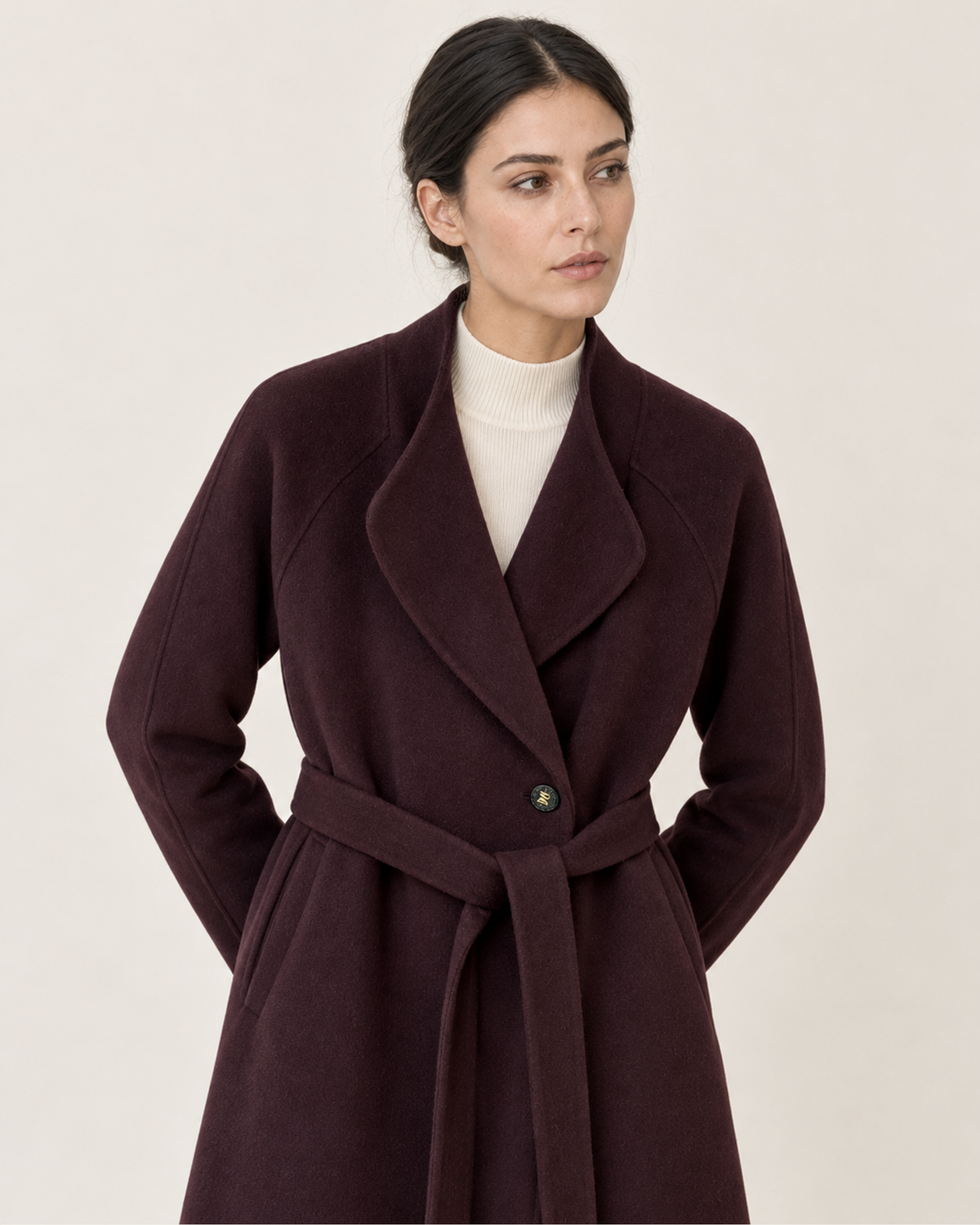 THE LANE 066 Purple coat with curved lapels, upper-body styling view, with matching tie belt