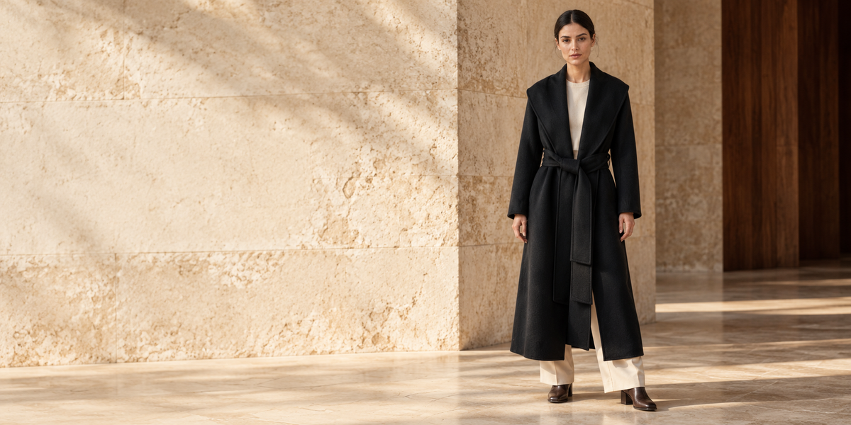 AI-assisted styling of THE LANE 2420 Black wool and cashmere coat, with a grounded upright pose in warm side light against limestone and dark timber.
