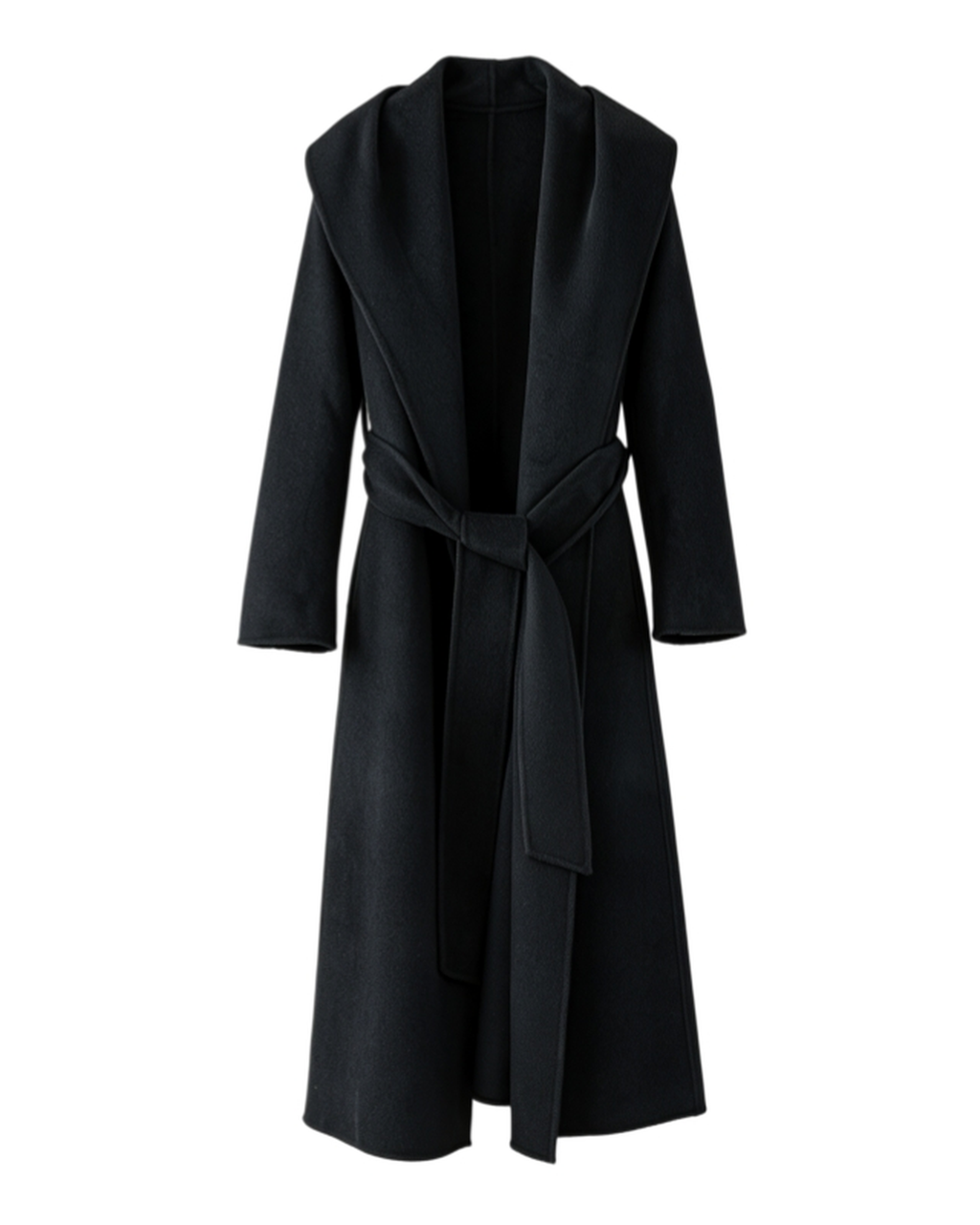 2420 Black cashmere and wool blend wrap coat, front view with shawl collar and matching belt.