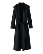 2420 Black cashmere and wool blend wrap coat, front view with shawl collar and matching belt.