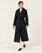 2420 black belted shawl-collar cashmere and wool blend coat, full-length styling view.