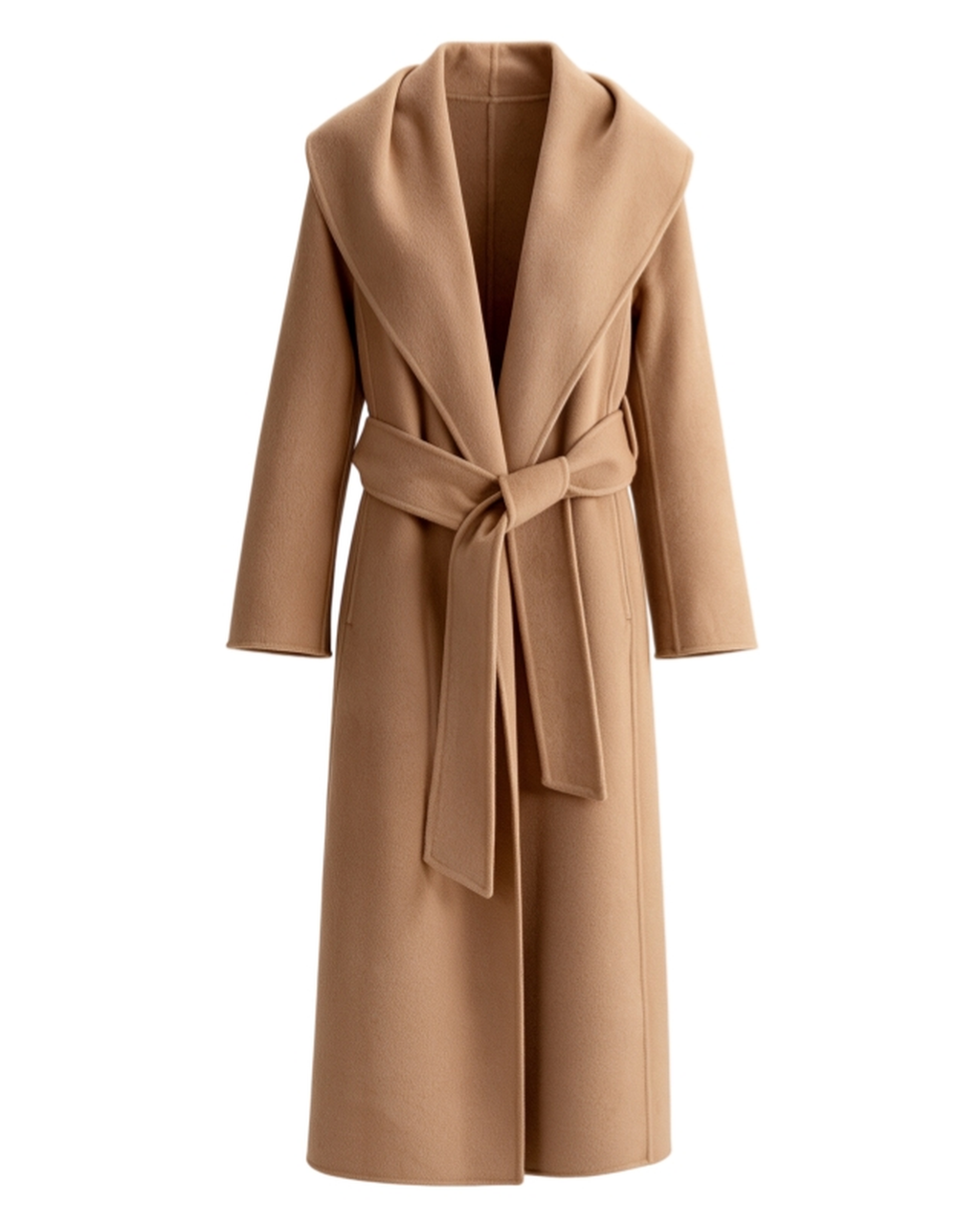 2420 Camel cashmere and wool blend wrap coat, front view with shawl collar and matching belt.