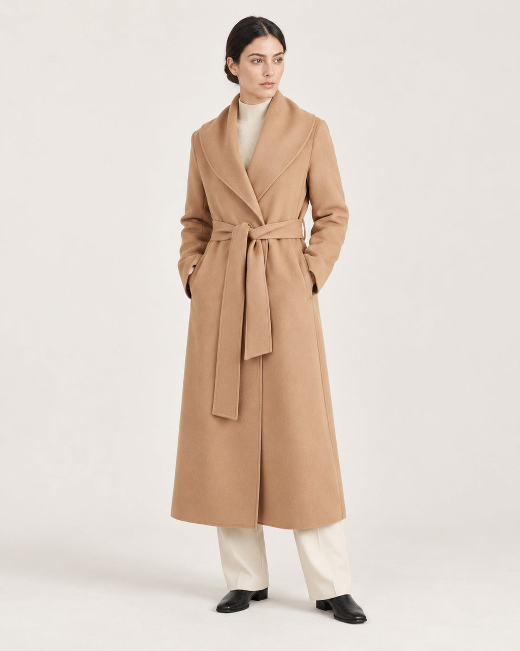 2420 camel belted shawl-collar cashmere and wool blend coat, full-length styling view.