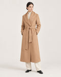 2420 camel belted shawl-collar cashmere and wool blend coat, full-length styling view.