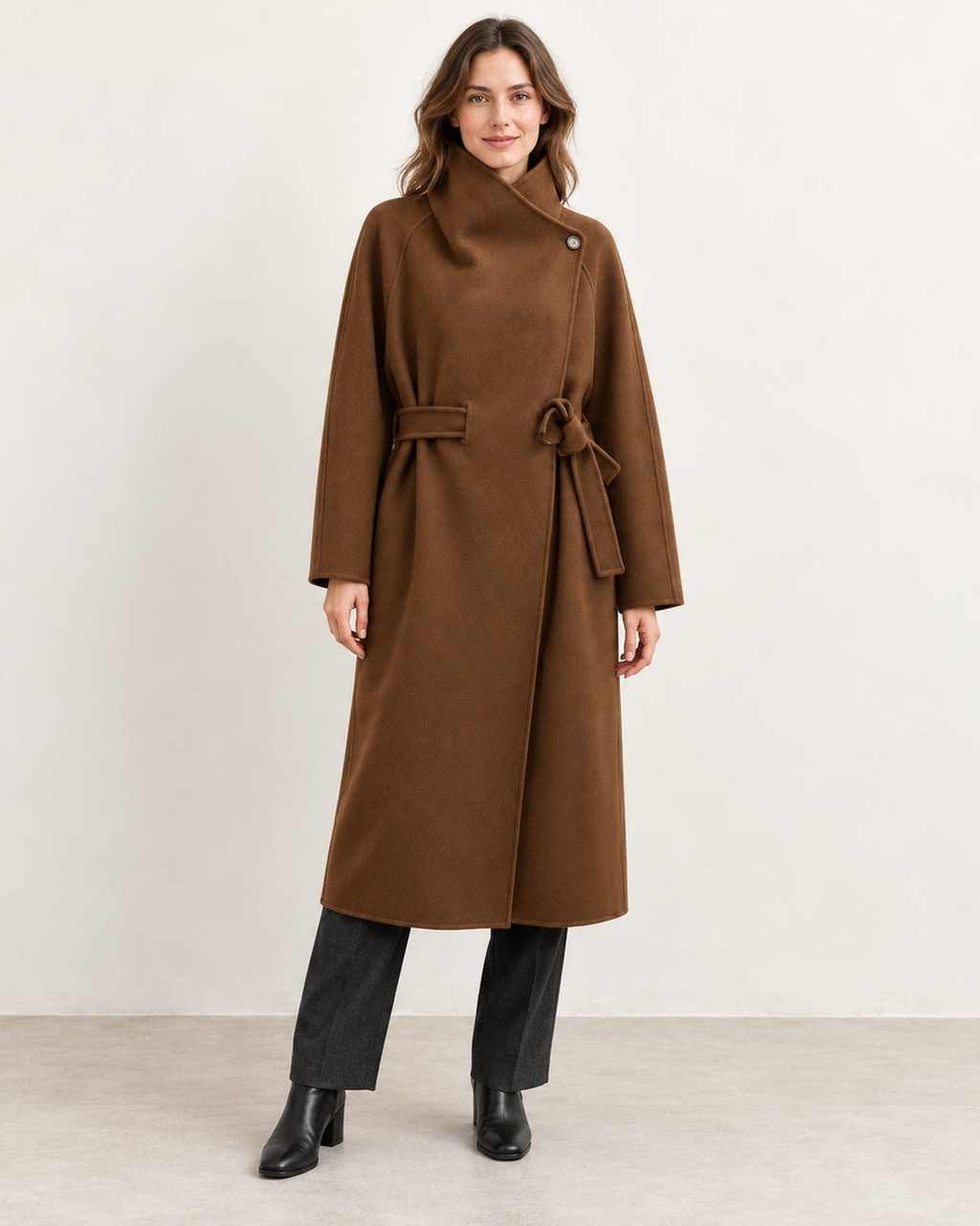 26184 wool coat in Coffee, model styling with a high wrap collar and matching belt. AI-assisted image based on the supplied garment photographs.