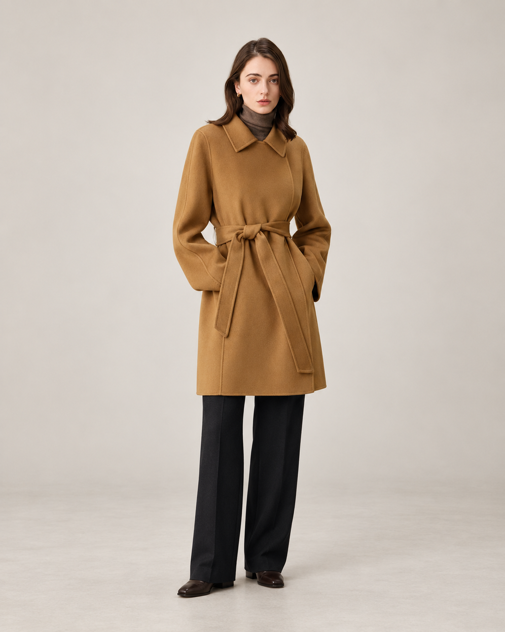 Camel 26W002 cashmere coat, AI-assisted studio styling based on the store's 95.5 cm garment-length measurement.