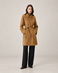 Camel 26W002 cashmere coat, AI-assisted studio styling based on the store's 95.5 cm garment-length measurement.