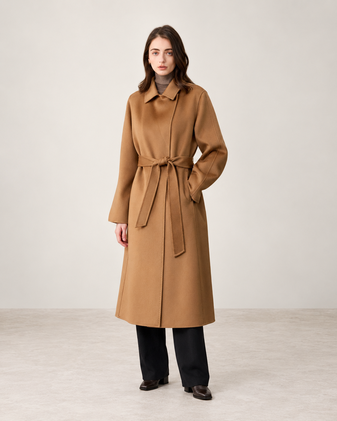 Camel 26W003 cashmere coat, AI-assisted studio styling based on the store's 110.5 cm garment-length measurement.