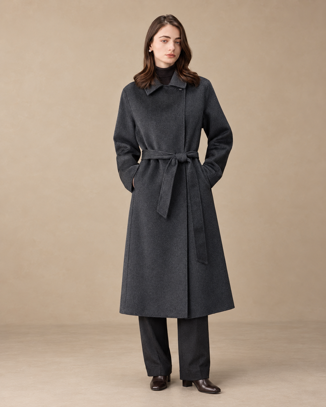 Gray 26W003 cashmere coat, AI-assisted studio styling based on the store's 110.5 cm garment-length measurement.
