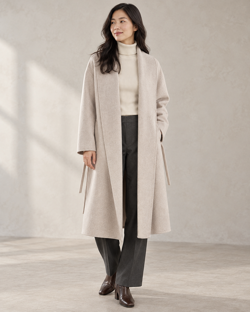 Vienna coat in Oats, open front model view with long shawl collar facings and unfastened drawcord — AI-assisted styling image.