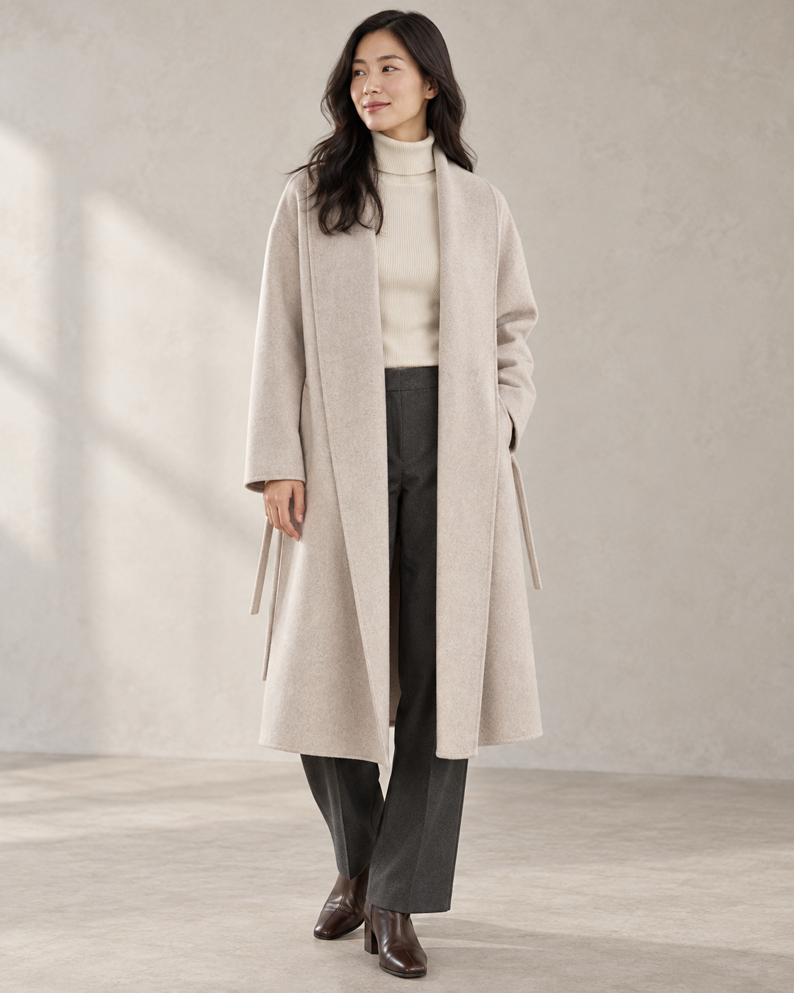 Vienna coat in Oats, open front model view with long shawl collar facings and unfastened drawcord — AI-assisted styling image.