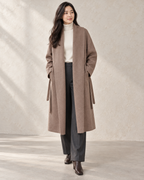 Vienna coat in Brown, open front model view with long shawl collar facings and unfastened drawcord — AI-assisted styling image.