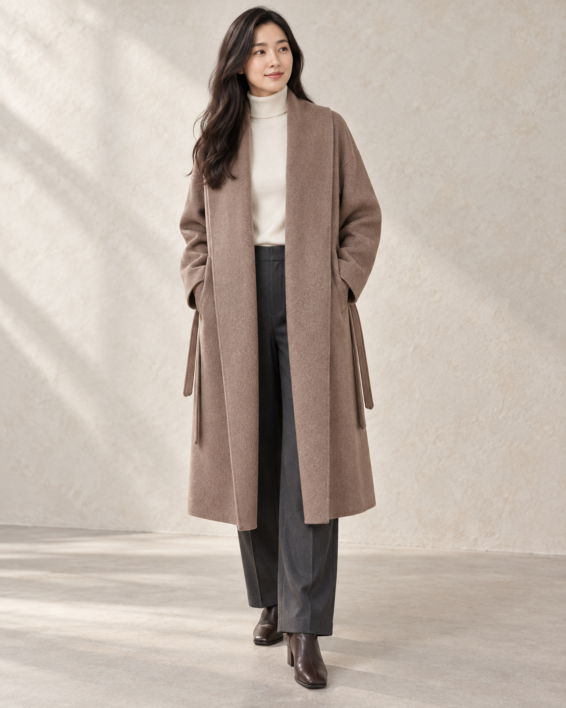 Vienna coat in Brown, open front model view with long shawl collar facings and unfastened drawcord — AI-assisted styling image.