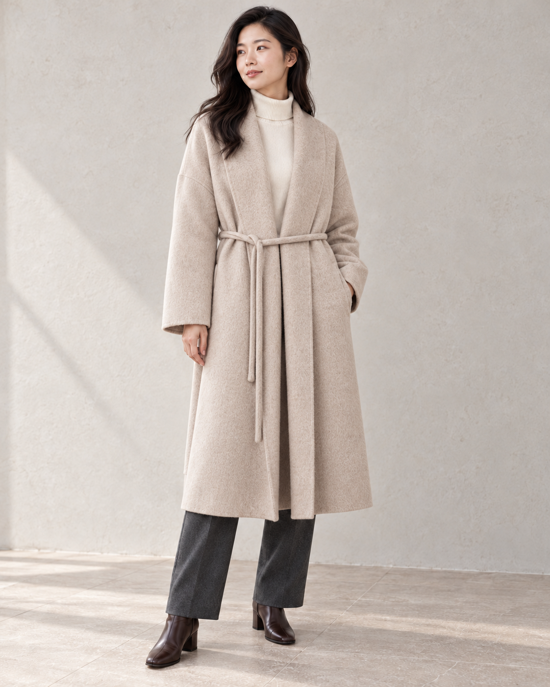 Vienna coat in Oats, with a fine round self-fabric drawcord tied in a small knot — AI-assisted studio image.