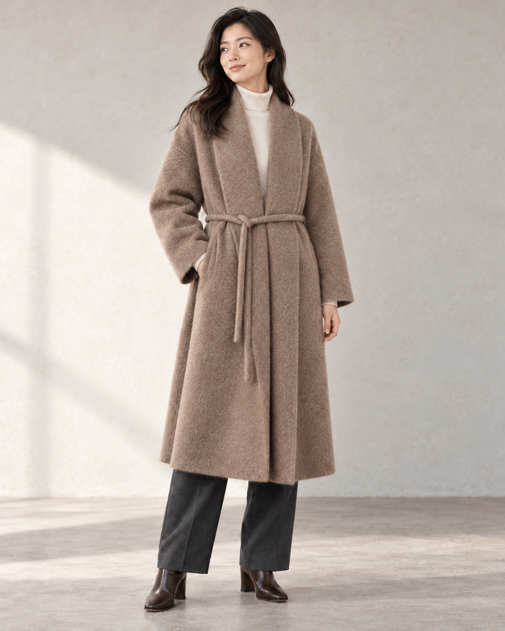 Vienna coat in Brown, with a fine round self-fabric drawcord tied in a small knot — AI-assisted studio image.